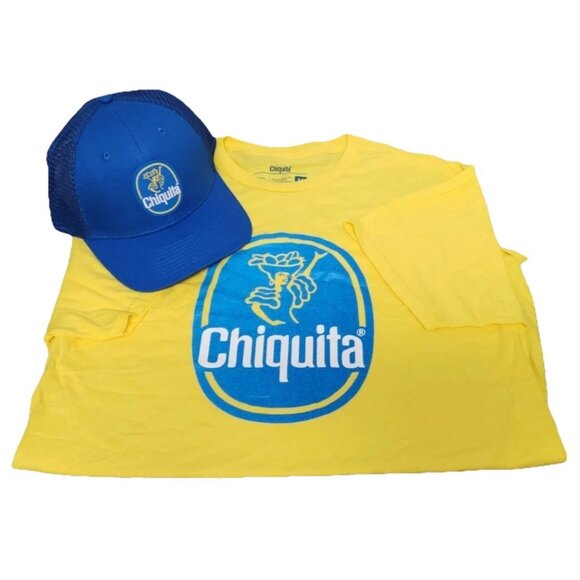 Chiquita Banana Vtg Blue & Yellow T-Shirt, Size M, & Trucker Snap Back Hat - Picture 1 of 11
